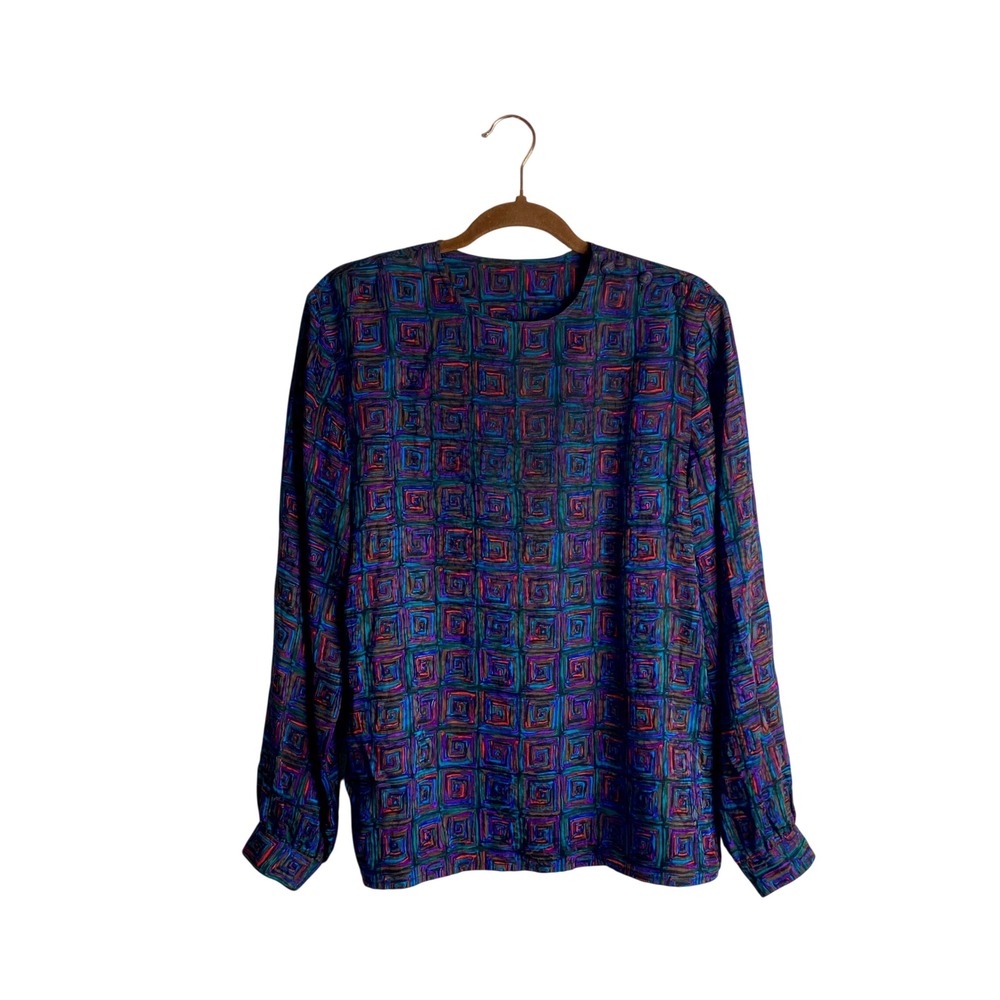 Vintage 80s Ann May 100% Silk Geometric Abstract Jewel Tone Blouse Top S Retro